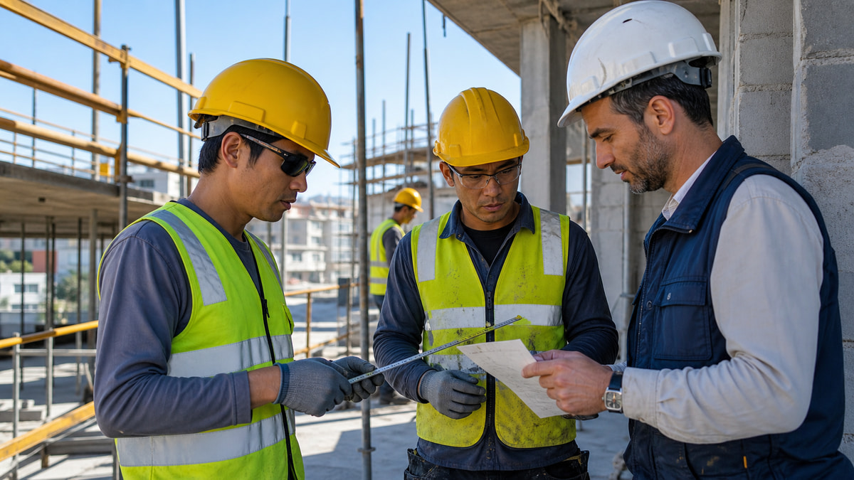 Asian construction workers and a Portuguese site manager reviewing measurements on an active project