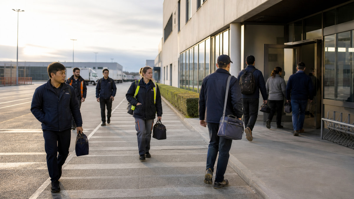 Workers arriving for an early shift at a Portuguese logistics and industrial workplace