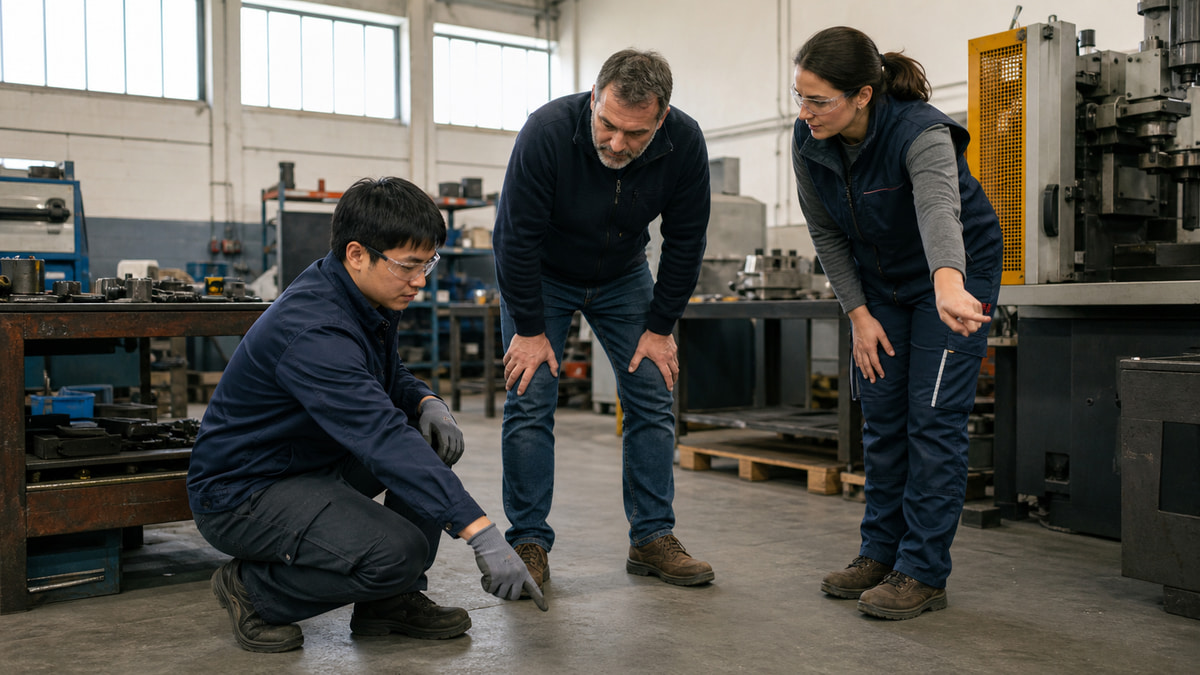 Small manufacturing team checking a floor hazard and machine area before work starts