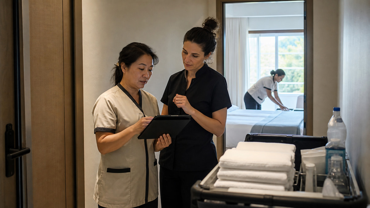 Asian hotel housekeeper and Portuguese supervisor reviewing room readiness during a shift handover