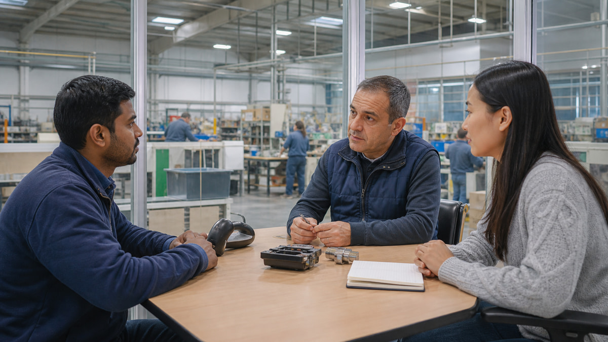 South Asian candidate discussing an operational vacancy with a Portuguese employer and recruitment coordinator